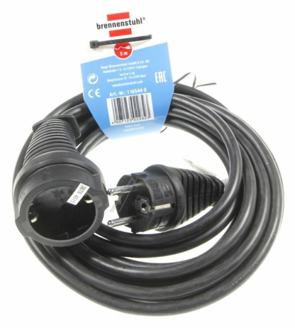 1165440 GEAARDE VERLENGKABEL 3X1,5MM². H05VV-F3G ZWART,  L: 5,0MTR.