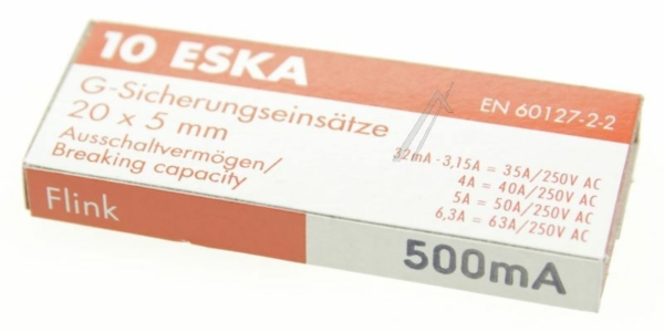 0,5A-F ZEKERING SNEL,  5X20MM.,  INH:10 ST. ROHS-CONFORM