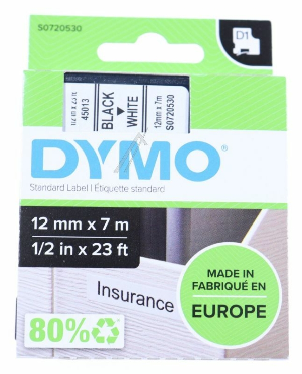 S0720530 LABELBAND ZWART/ WIT 12MM/ 7M DYMO D1-BAND